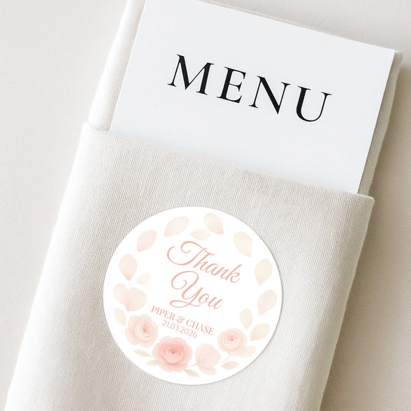 Personalised Peach Rose Petal Wedding Thank You Stickers – Custom Floral Favour Labels