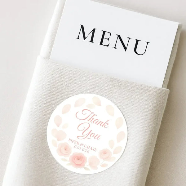 Personalised Peach Rose Petal Wedding Thank You Stickers – Custom Floral Favour Labels - Sticksy Prints Australia