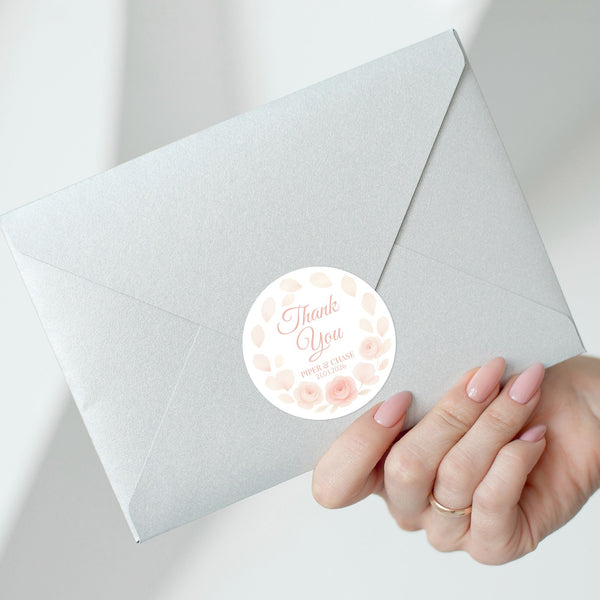 Personalised Peach Rose Petal Wedding Thank You Stickers – Custom Floral Favour Labels