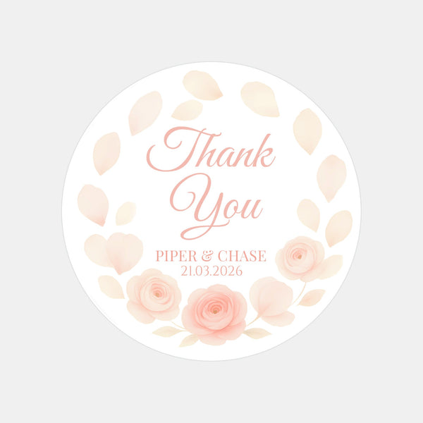 Personalised Peach Rose Petal Wedding Thank You Stickers – Custom Floral Favour Labels