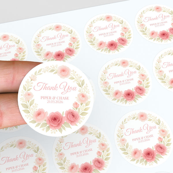Personalised Pink Rose Wedding Thank You Stickers – Custom Blush Floral Favour Labels