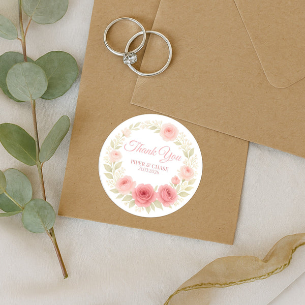 Personalised Pink Rose Wedding Thank You Stickers – Custom Blush Floral Favour Labels