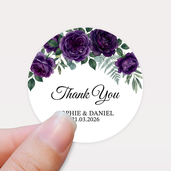 Personalised Plum Rose Wedding Thank You Stickers | Dark Floral Favour Labels