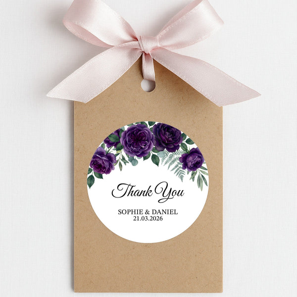 Personalised Plum Rose Wedding Thank You Stickers | Dark Floral Favour Labels