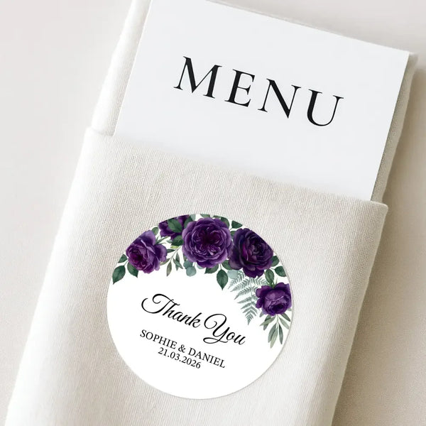 Personalised Plum Rose Wedding Thank You Stickers | Dark Floral Favour Labels - Sticksy Prints Australia