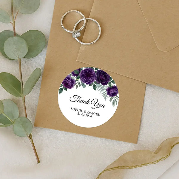 Personalised Plum Rose Wedding Thank You Stickers | Dark Floral Favour Labels - Sticksy Prints Australia