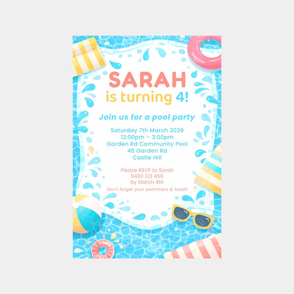 Personalised Pool Party Birthday Invitations | Kids Swimming Party Invites | Custom Printed Birthday Invitations