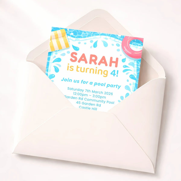Personalised Pool Party Birthday Invitations | Kids Swimming Party Invites | Custom Printed Birthday Invitations - Sticksy Prints Australia