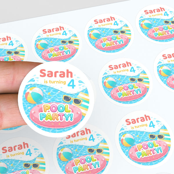 Personalised Pool Party Stickers for Kids Birthday | Custom Name Party Favours