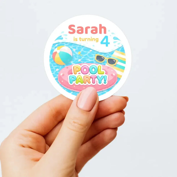 Personalised Pool Party Stickers for Kids Birthday | Custom Name Party Favours - Sticksy Prints Australia