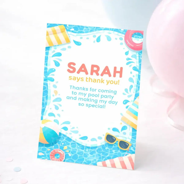 Personalised Pool Party Thank You Cards | Kids Birthday Thank You | Swimming Party Thank You Card - Sticksy Prints Australia