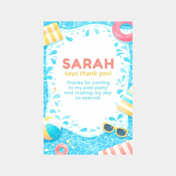 Personalised Pool Party Thank You Cards | Kids Birthday Thank You | Swimming Party Thank You Card - Sticksy Prints Australia