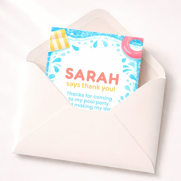 Personalised Pool Party Thank You Cards | Kids Birthday Thank You | Swimming Party Thank You Card