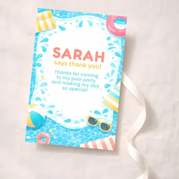 Personalised Pool Party Thank You Cards | Kids Birthday Thank You | Swimming Party Thank You Card - Sticksy Prints Australia