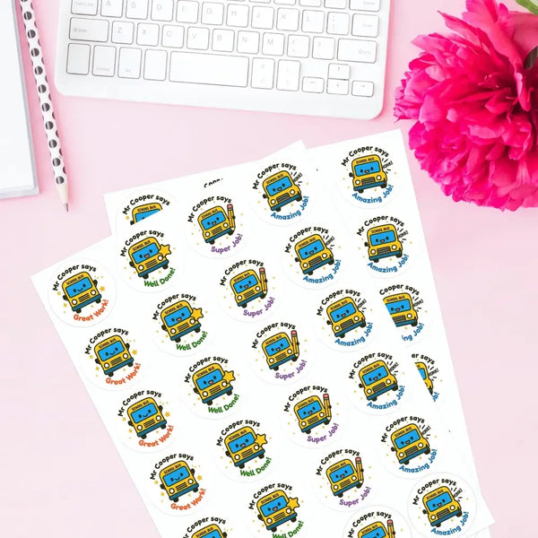 Personalised School Bus Teacher Reward Stickers – Custom Name Classroom Stickers - Sticksy Prints Australia