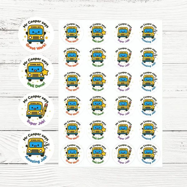 Personalised School Bus Teacher Reward Stickers – Custom Name Classroom Stickers - Sticksy Prints Australia