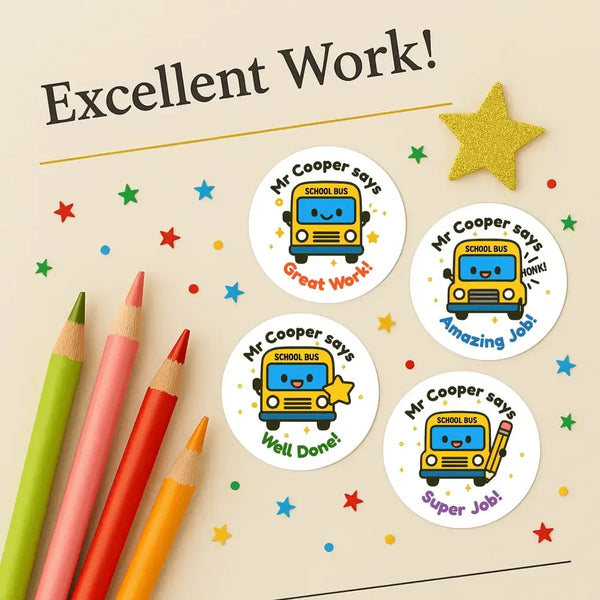 Personalised School Bus Teacher Reward Stickers – Custom Name Classroom Stickers - Sticksy Prints Australia