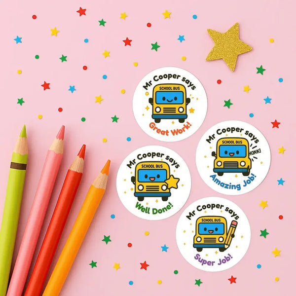Personalised School Bus Teacher Reward Stickers – Custom Name Classroom Stickers - Sticksy Prints Australia