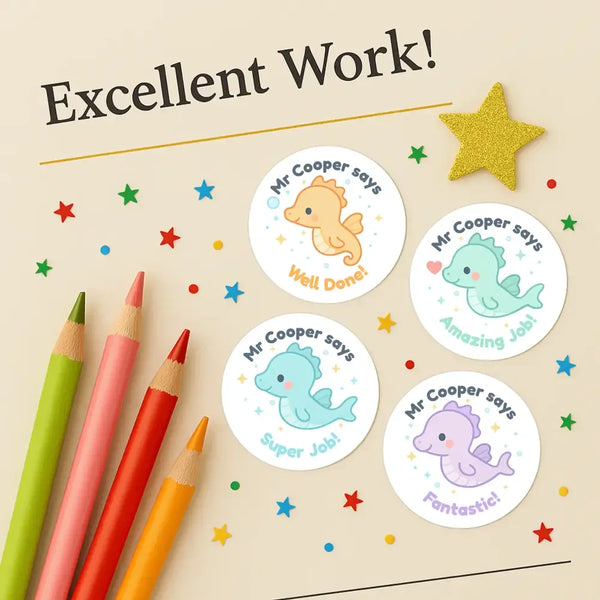 Personalised Seahorse Teacher Reward Stickers – Cute Classroom Praise Labels - Sticksy Prints Australia