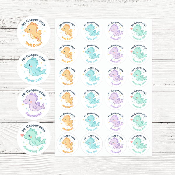Personalised Seahorse Teacher Reward Stickers – Cute Classroom Praise Labels