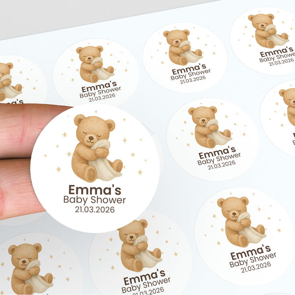 Personalised Sleeping Teddy Bear Baby Shower Stickers – Neutral Beige Watercolour Favour Labels
