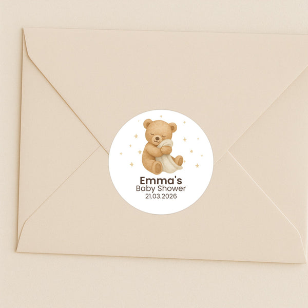Personalised Sleeping Teddy Bear Baby Shower Stickers – Neutral Beige Watercolour Favour Labels
