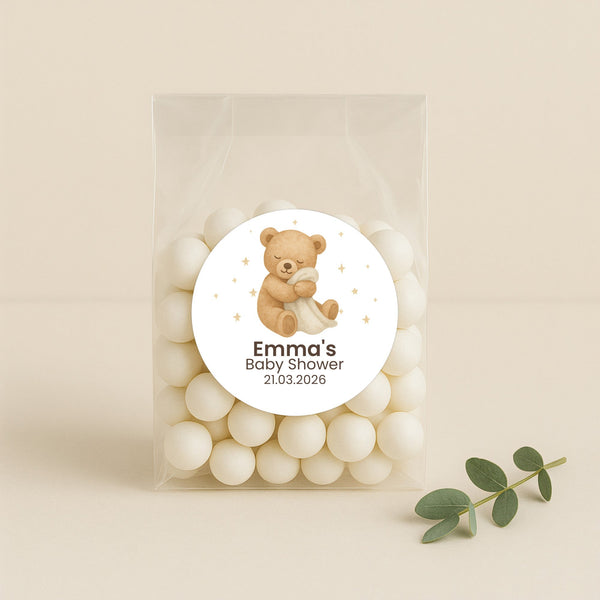 Personalised Sleeping Teddy Bear Baby Shower Stickers – Neutral Beige Watercolour Favour Labels