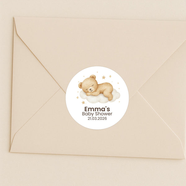 Personalised Sleeping Teddy Bear on Cloud Baby Shower Stickers – Neutral Watercolour Favour Labels