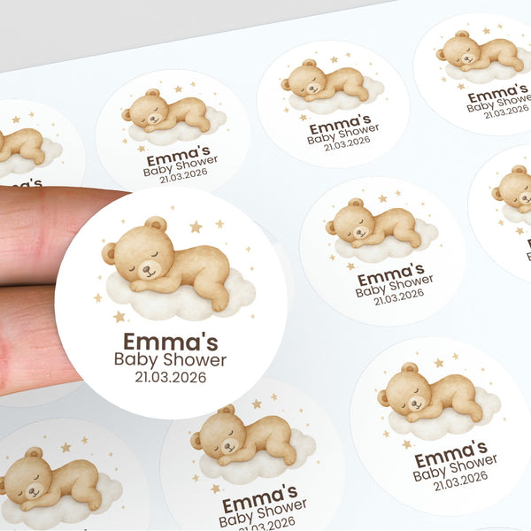 Personalised Sleeping Teddy Bear on Cloud Baby Shower Stickers – Neutral Watercolour Favour Labels