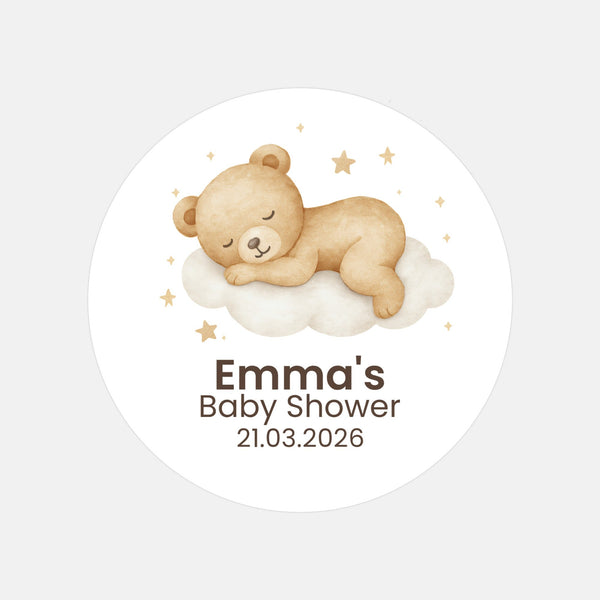Personalised Sleeping Teddy Bear on Cloud Baby Shower Stickers – Neutral Watercolour Favour Labels
