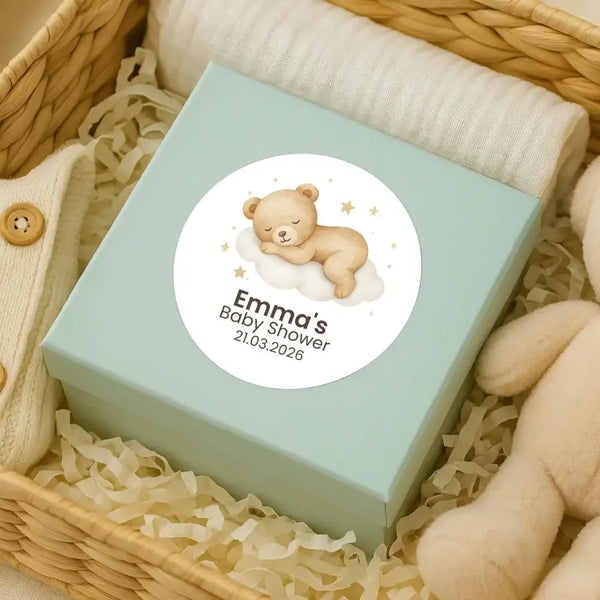 Personalised Sleeping Teddy Bear on Cloud Baby Shower Stickers – Neutral Watercolour Favour Labels - Sticksy Prints Australia