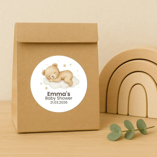 Personalised Sleeping Teddy Bear on Cloud Baby Shower Stickers – Neutral Watercolour Favour Labels - Sticksy Prints Australia