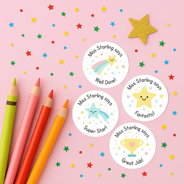 Personalised Star & Trophy Teacher Reward Stickers – Custom Name Classroom Praise Labels - Sticksy Prints Australia