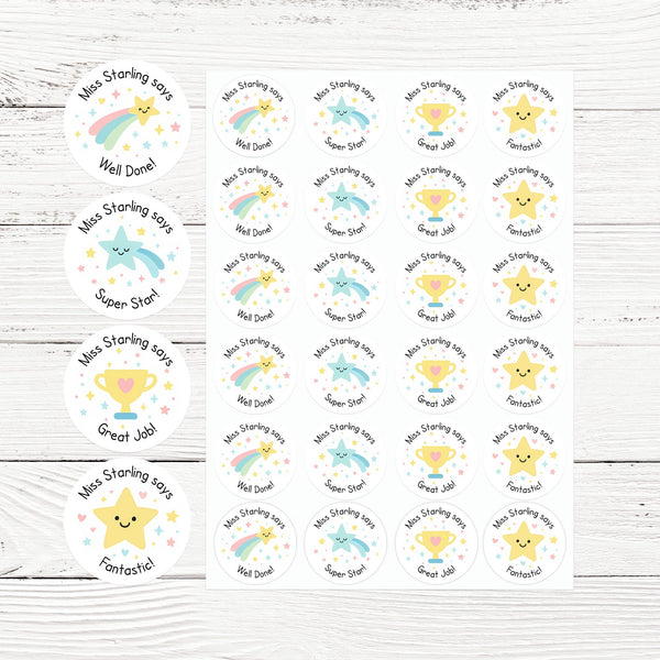 Personalised Star & Trophy Teacher Reward Stickers – Custom Name Classroom Praise Labels