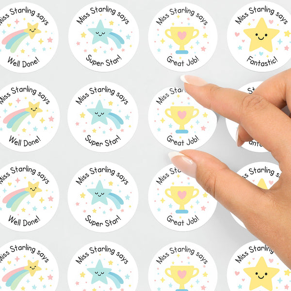 Personalised Star & Trophy Teacher Reward Stickers – Custom Name Classroom Praise Labels
