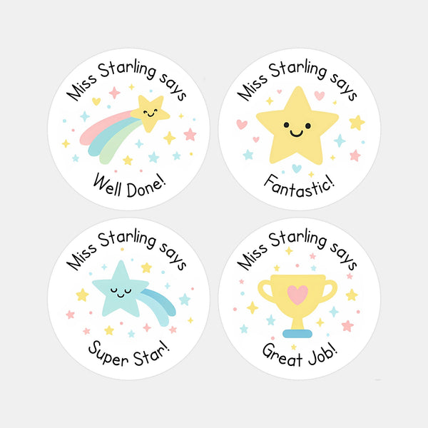 Personalised Star & Trophy Teacher Reward Stickers – Custom Name Classroom Praise Labels