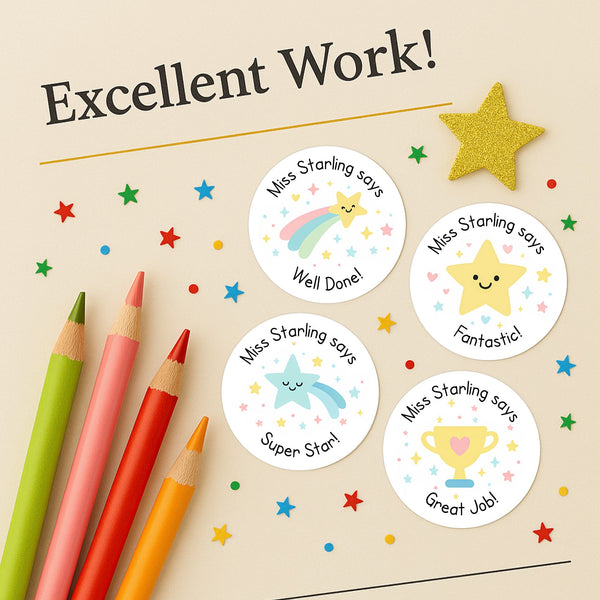 Personalised Star & Trophy Teacher Reward Stickers – Custom Name Classroom Praise Labels