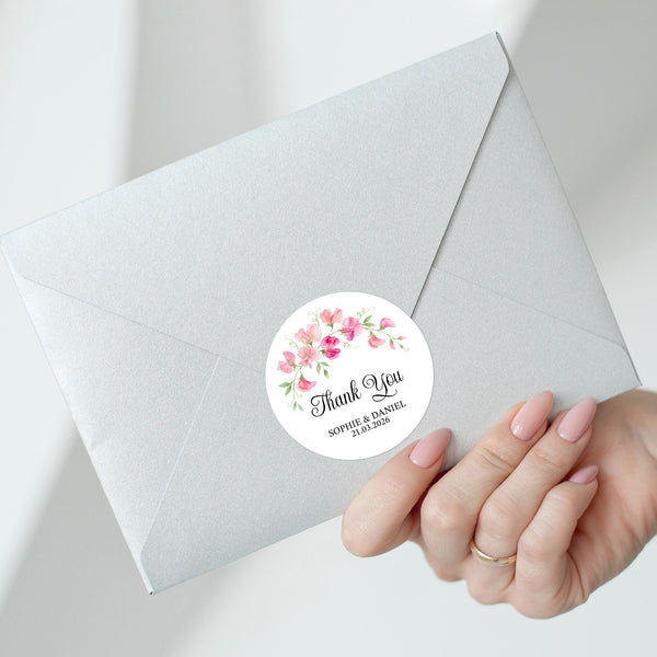 Personalised Sweet Pea Wedding Thank You Stickers | Pink Floral Favour Labels