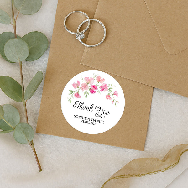 Personalised Sweet Pea Wedding Thank You Stickers | Pink Floral Favour Labels