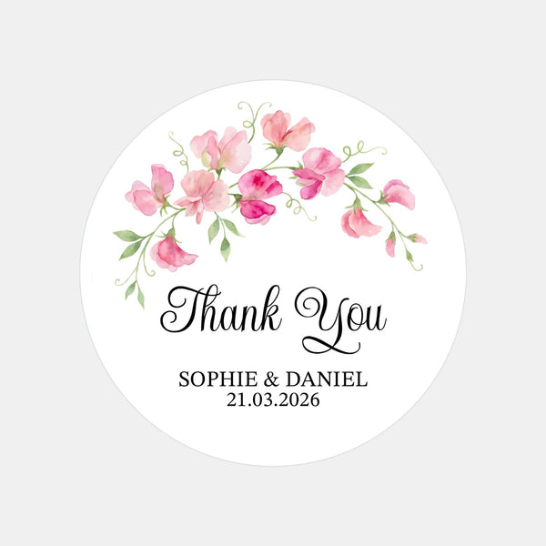 Personalised Sweet Pea Wedding Thank You Stickers | Pink Floral Favour Labels