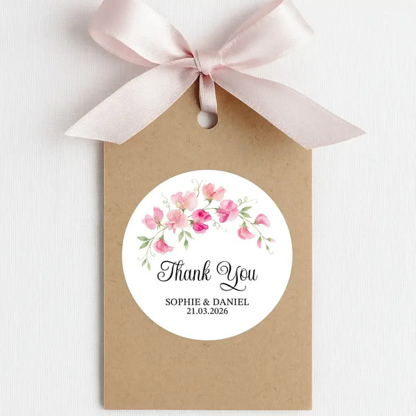 Personalised Sweet Pea Wedding Thank You Stickers | Pink Floral Favour Labels - Sticksy Prints Australia