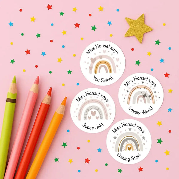 Personalised Teacher Reward Stickers Boho Rainbow Labels - Sticksy Prints Australia