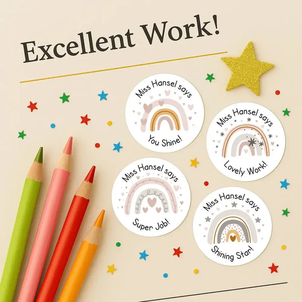 Personalised Teacher Reward Stickers Boho Rainbow Labels - Sticksy Prints Australia