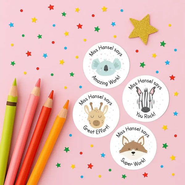 Personalised Teacher Reward Stickers Custom Name Label Cute Pastel Animals - Sticksy Prints Australia