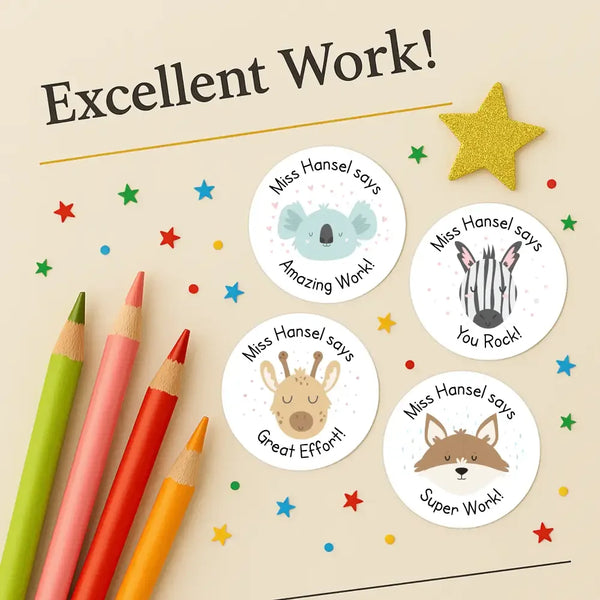 Personalised Teacher Reward Stickers Custom Name Label Cute Pastel Animals - Sticksy Prints Australia