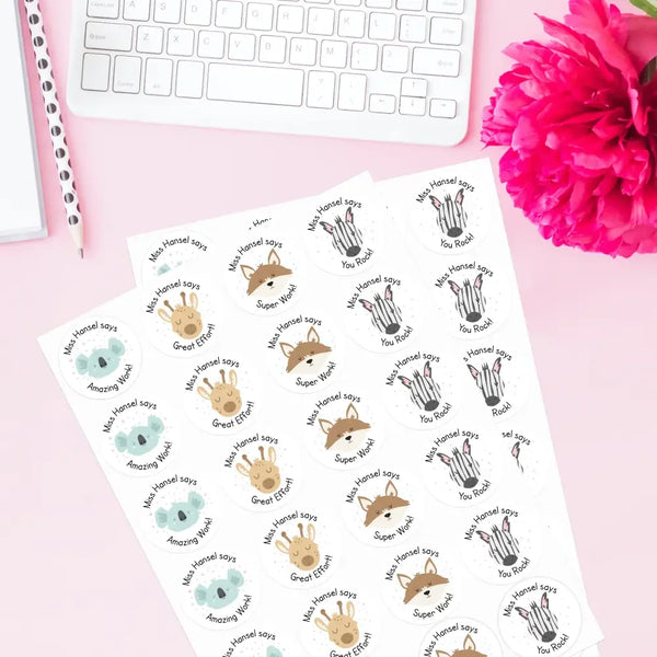 Personalised Teacher Reward Stickers Custom Name Label Cute Pastel Animals - Sticksy Prints Australia
