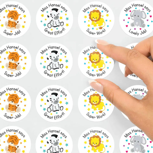 Personalised Teacher Reward Stickers Custom Name Label Jungle Animals Set