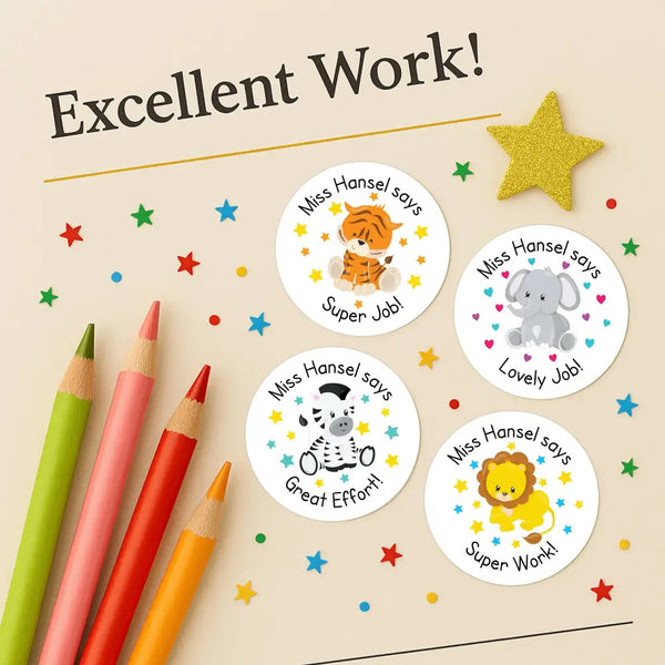 Personalised Teacher Reward Stickers Custom Name Label Jungle Animals Set
