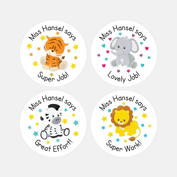 Personalised Teacher Reward Stickers Custom Name Label Jungle Animals Set - Sticksy Prints Australia