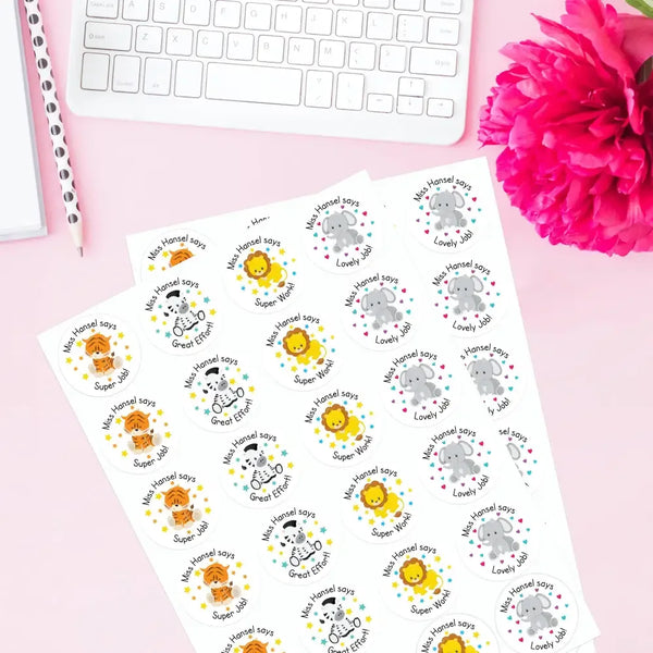 Personalised Teacher Reward Stickers Custom Name Label Jungle Animals Set - Sticksy Prints Australia